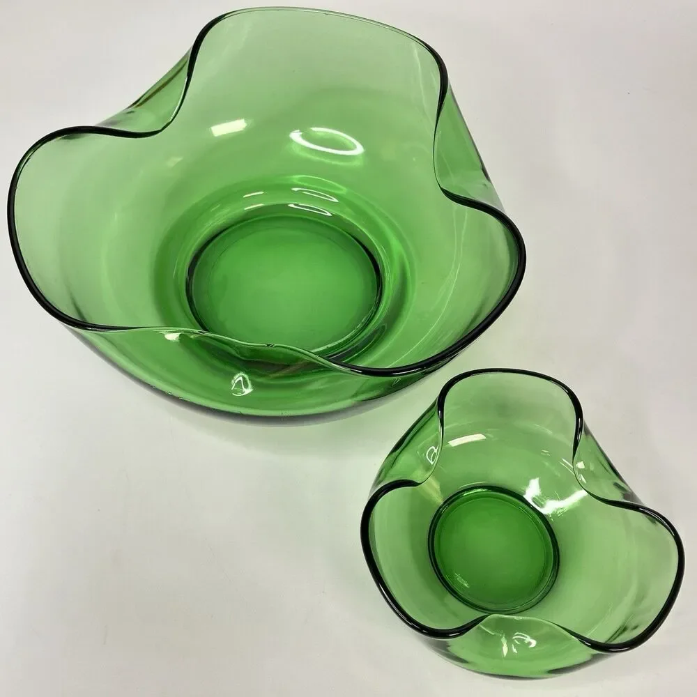 Vtg Anchor Hocking Forest Green Chip N Dip Bowls MCM 2pc Set (No Hanger)